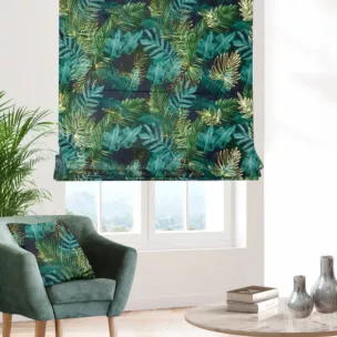 Roleta rzymska czarno zielona miękka, welwetowa, z błyszczącym nadrukowanym motywem botanicznym