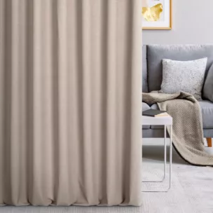 Zasłona szyta na taśmie fala ciemnobeżowa z miękkiej tkaniny o naturalnym splocie w stylu ekologicznym