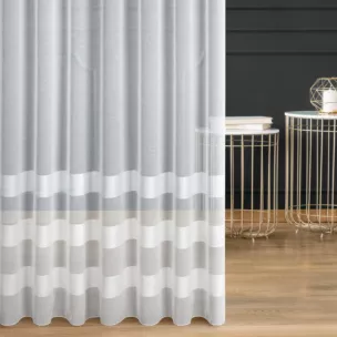 Firana szyta na taśmie 8 cm naturalna z etaminy zdobionej poziomymi pasami, wykończona obciążnikiem Italissima Eva Minge