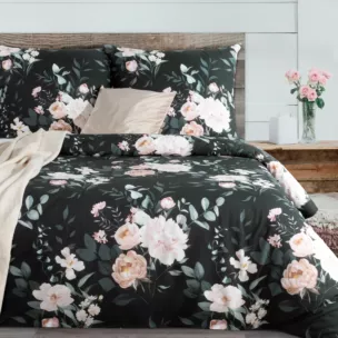 Pościel 220x200 cm bawełna ranforce kolor czarny, szałwiowy z motywem kwiatów ROSITA 1 Eurofirany