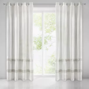 Firana biało, beżowa zdobiona mereżką, ornamentowym wzorem z welwetu 140x270 cm przelotka ANNE DIVA LINE Eurofirany