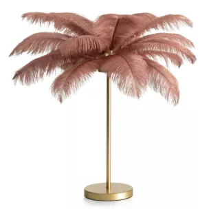 Lampa stojąca do salonu pudrowo, szampańska FERI na metalowej podstawie z niezwykle efektownym abażurem z naturalnych strusich piór Eurofirany