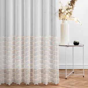 Firana szyta na taśmie fala kremowo beżowa z delikatnej tkaniny typu aden zdobiona asymetrycznym frędzlowym haftem