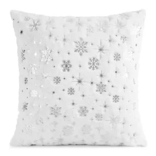 Poszewka na poduszkę świąteczna 45x45 cm biało, srebrna z przyjemnego futerka zdobiona nadrukiem śnieżynek Eurofirany