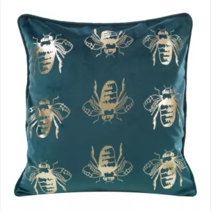 Poszewka na poduszkę 45x45 cm welwetowa z symetrycznym nadrukiem pszczół ciemnoturkusowo, złocista BILNK Eurofirany