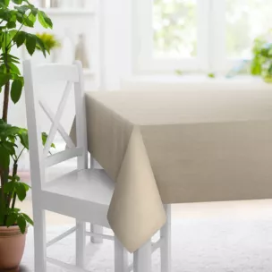 Obrus szyty ciemnobeżowy z tkaniny strukturalnej z delikatnym połyskiem