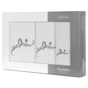 Zestaw ręczników bawełnianych na prezent 3 szt kolor biały,grafitowy z haftowanym motywem motyla 380g/m2 FAIRY Eurofirany