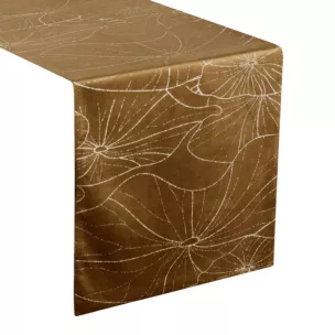 Bieżnik na stół brązowo, złocisty 35x140 cm welwetowy BLINK 15 z liśćmi lilii wodnej