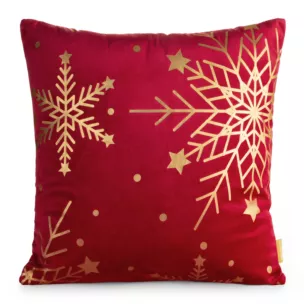 Poszewka na poduszkę świąteczna 45x45 cm  welwetowa czerwona z uroczek nadrukiem szampańskich śnieżynek Eurofirany
