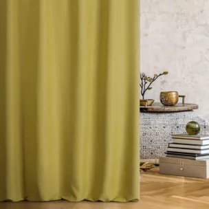 Zasłona szyta na taśmie 5 cm LOVELY musztardowa z widocznym ozdobnym splotem, o naturalnym charakterze