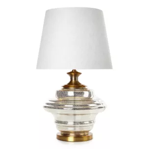 Lampa stołowa do salonu biało, złota AMARI zdobiona szklaną podstawą i lekko szenilowym abażurem Eurofirany