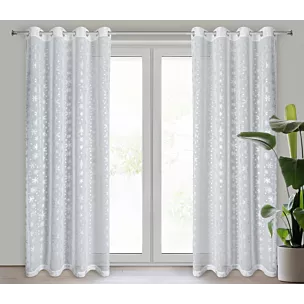 Firana biało, srebrna z etaminy zdobiona śnieżynkami 140x250 cm przelotka SNOW Eurofirany