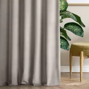 Zasłona szyta na taśmie fala ENYA szarobeżowa z miękkiej półmatowej tkaniny welwetowej