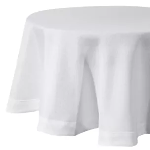 Obrus okrągły biały średnica 120 cm o płóciennym splocie BIANCA 1 z dodatkiem błyszczącej nici wykończony podwójną listwą na brzegach