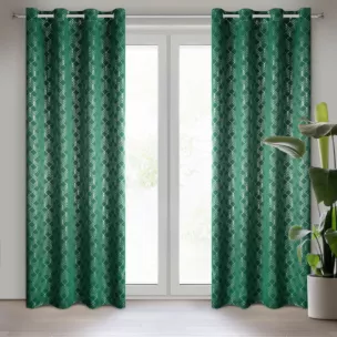Zasłona zielono, srebrna zaciemniająca ze wzorem geometrycznym 140x250 przelotka POLI Design 91 Eurofirany