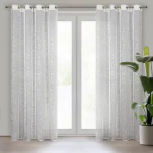 Firana biała z lekkiej etaminy z jasnozłotym marmurkowym nadrukiem 140x250 cm przelotka REVA Eurofirany