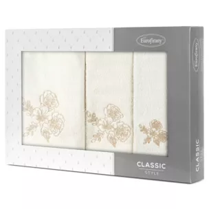 Zestaw ręczników bawełnianych 3 szt kolor kremowy, beżowy z haftem kwiatów 400 g/m2 MELANI Eurofirany