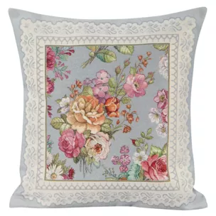 Poszewka na poduszkę 45x45 cm gobelinowa zdobiona tkanym motywem kwiatowym popielato, różowa GOB Eurofirany