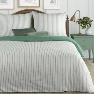 Pościel 220x200 cm komplet 3 częściowy z satyny bawełnianej kolor biało, miętowy w paseczki RAYA Eurofirany