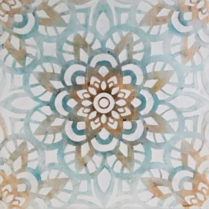 Obraz abstrakcja niebiesko, pomarańczowy ręcznie malowany na płótnie akcent folkloru 80x80 cm ORAMENTS