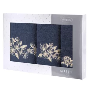 Zestaw ręczników bawełnianych 3 szt kolor granatowy,szampański z haftowanym motywem kwiatu wiśni 400 g/m2 SOFIA Eurofirany