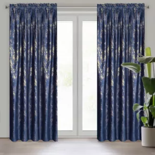 Zasłona granatowo, złota z efektem błyszczącej przecierki z welwetu 140x270 cm na taśmie KORNELIA Eurofirany