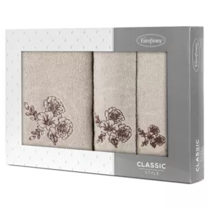 Zestaw ręczników bawełnianych 3 szt kolor beżowy, brązowy z haftem kwiatów 400 g/m2 MELANI Eurofirany