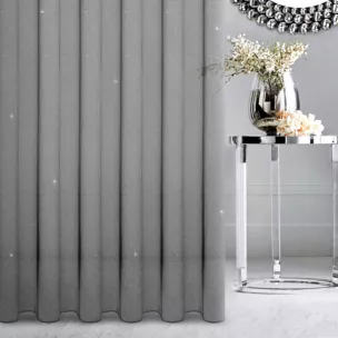 Firana szyta na tunelu grafitowo złocista z siatki z błyszczącą nicią i cekinami, wykończona obciążnikiem