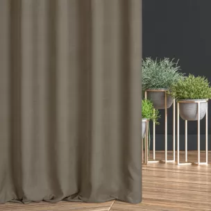 Zasłona szyta na tunelu ciemnobeżowa z miękkiej, matowej tkaniny w drobny geometryczny wzór