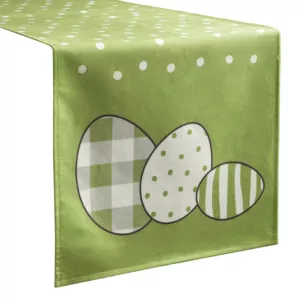 Bieżnik na stół 35x140 cm zielono, biały welwetowy WIOSNA 3 zdobiony nadrukiem pisanek