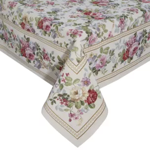 Obrus naturalno, różowy 140x180 cm gobelinowy zdobiony motywem kwiatów