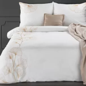 Pościel 160x200 cm z satyny bawełnianej kolor biały haftowana w złote liście miłorzębu HAFT 2 Eurofirany Premium