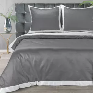 Pościel 220x200 cm z satyny bawełnianej kolor popielaty, biały z kontrastującą kantą LAURA Eurofirany