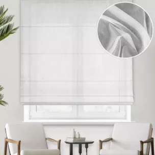 Roleta rzymska biała z miękkiej w dotyku tkaniny z efektem deszczyku, wykończona obciążnikiem