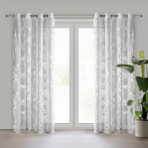 Firana biało, srebrna z etaminy zdobiona nadrukiem roślinnym 140x250 cm przelotki - DELIA Eurofirany