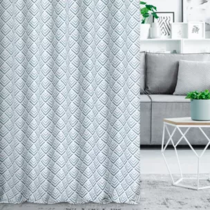 Zasłona szyta na taśmie fala jasnokremowo turkusowa z tkaniny o naturalnym splocie z nadrukowanym geometrycznym wzorem