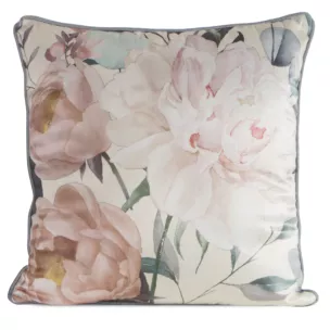 Poszewka na poduszkę 45x45 cm welwetowa kremowa, różowa  z nadrukiem kwiatów ROSITA 2 Eurofirany