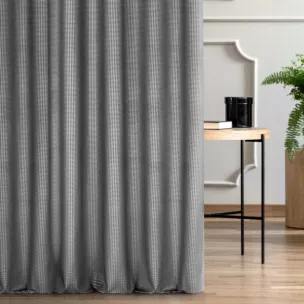 Zasłona szyta na taśmie 5 cm czarna tkanina welwetowa z błyszczącym, metalicznym nadrukiem drobnej pepitki