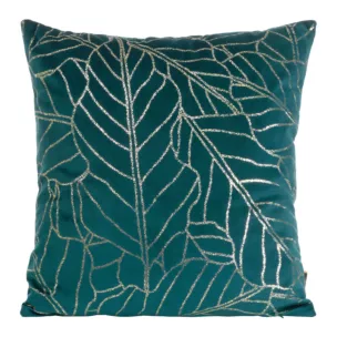 Poszewka na poduszkę 45x45 cm welwetowa z nadrukiem złocistych liści ciemnoturkusowa BLINK 32 Eurofirany
