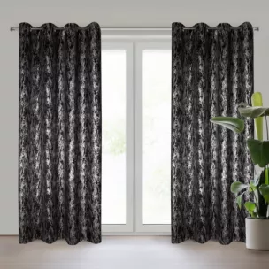 Zasłona czarno, srebrzysta zdobiona błyszczącym wzorem z tkaniny zaciemniającej 140x250 przelotka ELISE Eurofirany