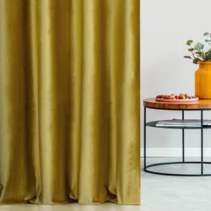 Zasłona szyta na taśmie fala musztardowa z tkaniny welwetowej w pionowe prążki, wykończona obciążnikiem