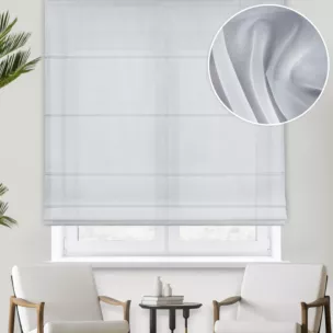 Roleta rzymska biała półprzezroczysta, z matowego woalu, o niestandardowej wysokości 340cm, wykończona obciążnikiem