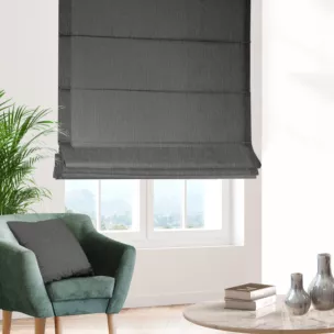 Roleta rzymska popielato srebrzysta z melanżowej tkaniny w stylu eko z dodatkiem nici metalicznej