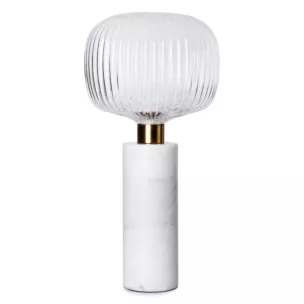 Lampa stołowa do salonu biało, złota LUKA o marmurowej podstawie i szklanym tłoczonym kloszem Eurofirany