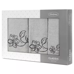 Zestaw ręczników bawełnianych 3 szt kolor srebrny, stalowy z haftem subtelnych kwiatów 400 g/m2 LILA Eurofirany
