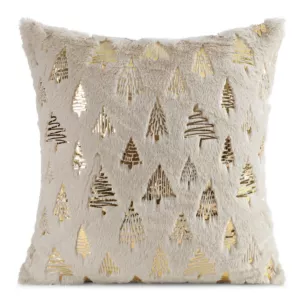 Poszewka na poduszkę świąteczna 45x45 cm beżowo, złota z przyjemnego futerka zdobiona nadrukiem choinek Eurofirany