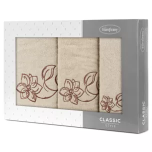 Zestaw ręczników bawełnianych 3 szt kolor beżowy, brązowy z haftem subtelnych kwiatów 400 g/m2 LILA Eurofirany