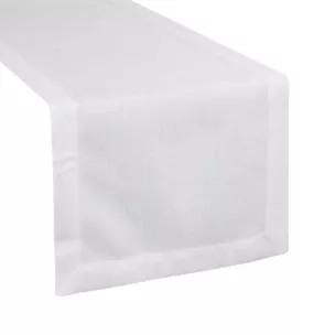 Bieżnik na stół biały 40x140 cm o płóciennym splocie BIANCA 1 z dodatkiem błyszczącej nici wykończony podwójną listwą na brzegach