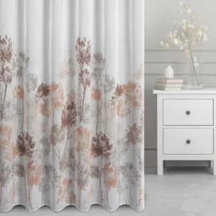 Firana szyta na przelotkach biało brązowa z delikatnej tkaniny typu BATYST, zdobionej nadrukiem roślinnym, wykończonej obciążnikiem