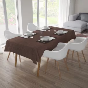 Obrus szyty brązowy z tkaniny zaciemniającej typu dimout o naturalnym splocie, z efektem melanżu